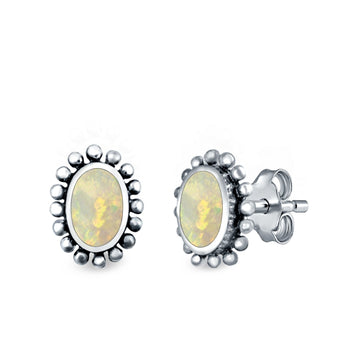 Flower Oval Shape Stud Earrings Lab Created White Opal 925 Sterling Silver (9mm)